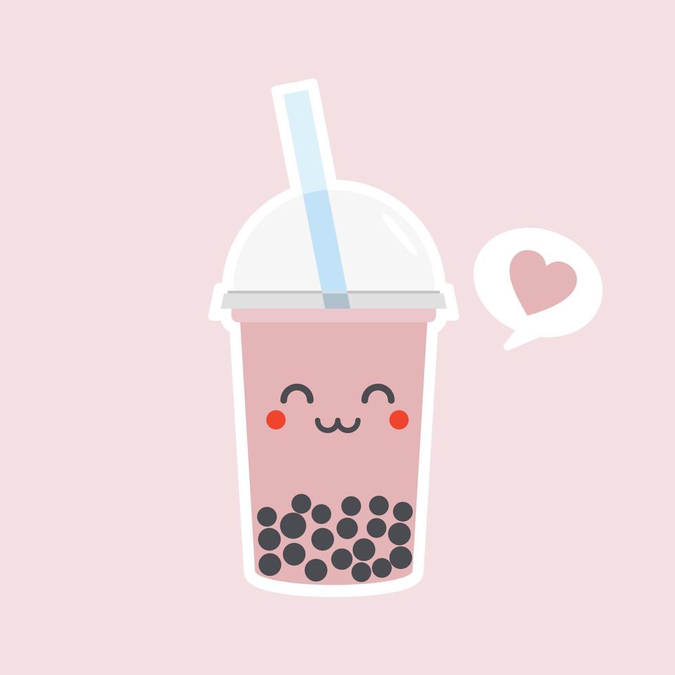 lindo chá de leite bolha boba com tapioca. chá de leite pérola, pérolas pretas deliciosas é famoso taiwanês. bebida popular. esboço de ilustração vetorial. personagem de desenho animado. adesivo fofo. emoji de desenho animado kawaii. vetor