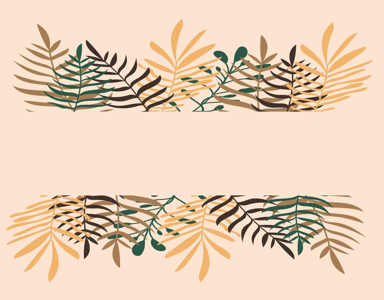 banner tropical de verão em estilo boho. bege terroso, cores verdes. folhas botânicas, tropicais, galhos de plantas para banners de venda de verão, arte de parede, tecidos, design. ilustração vetorial de estilo simples simples. vetor