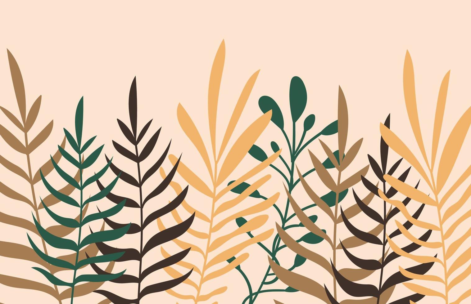 banner tropical de verão em estilo boho. bege terroso, cores verdes. folhas botânicas, tropicais, galhos de plantas para banners de venda de verão, arte de parede, tecidos, design. ilustração vetorial de estilo simples simples. vetor