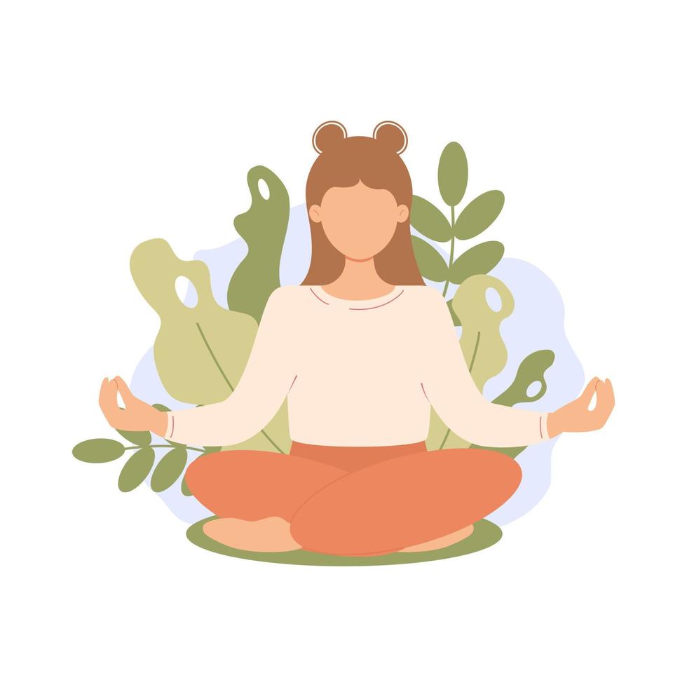 jovem com pernas cruzadas, meditando em pose de ioga de lótus. praticar meditação, relaxamento. conceito de zen e harmonia vetor