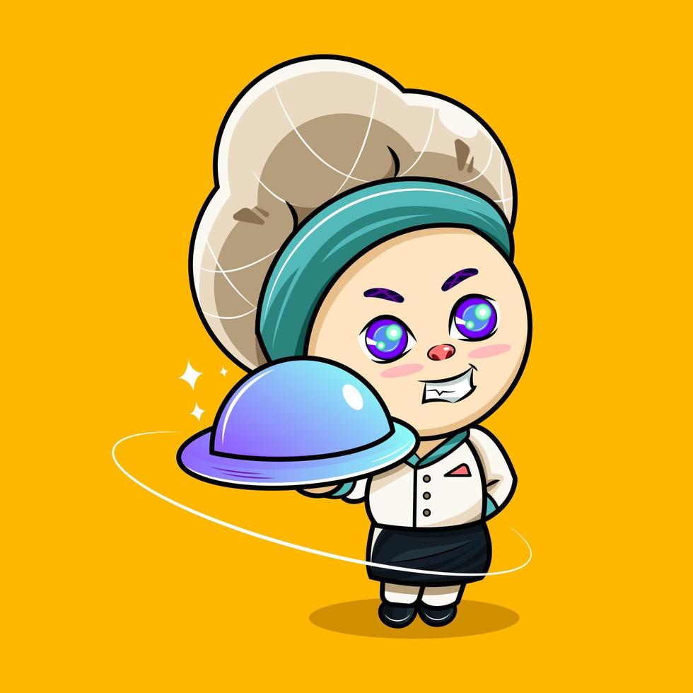 meta chef está usando chapéu segurando ilustração de desenhos animados de cúpula de prata pro download vetor