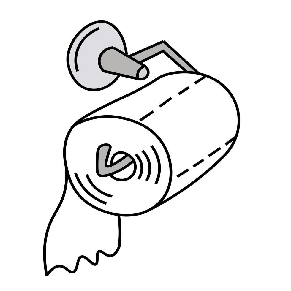 rolo de papel higiênico pendura no suporte, toalhas de papel. estilo doodle em preto. material de higiene pessoal. vetor