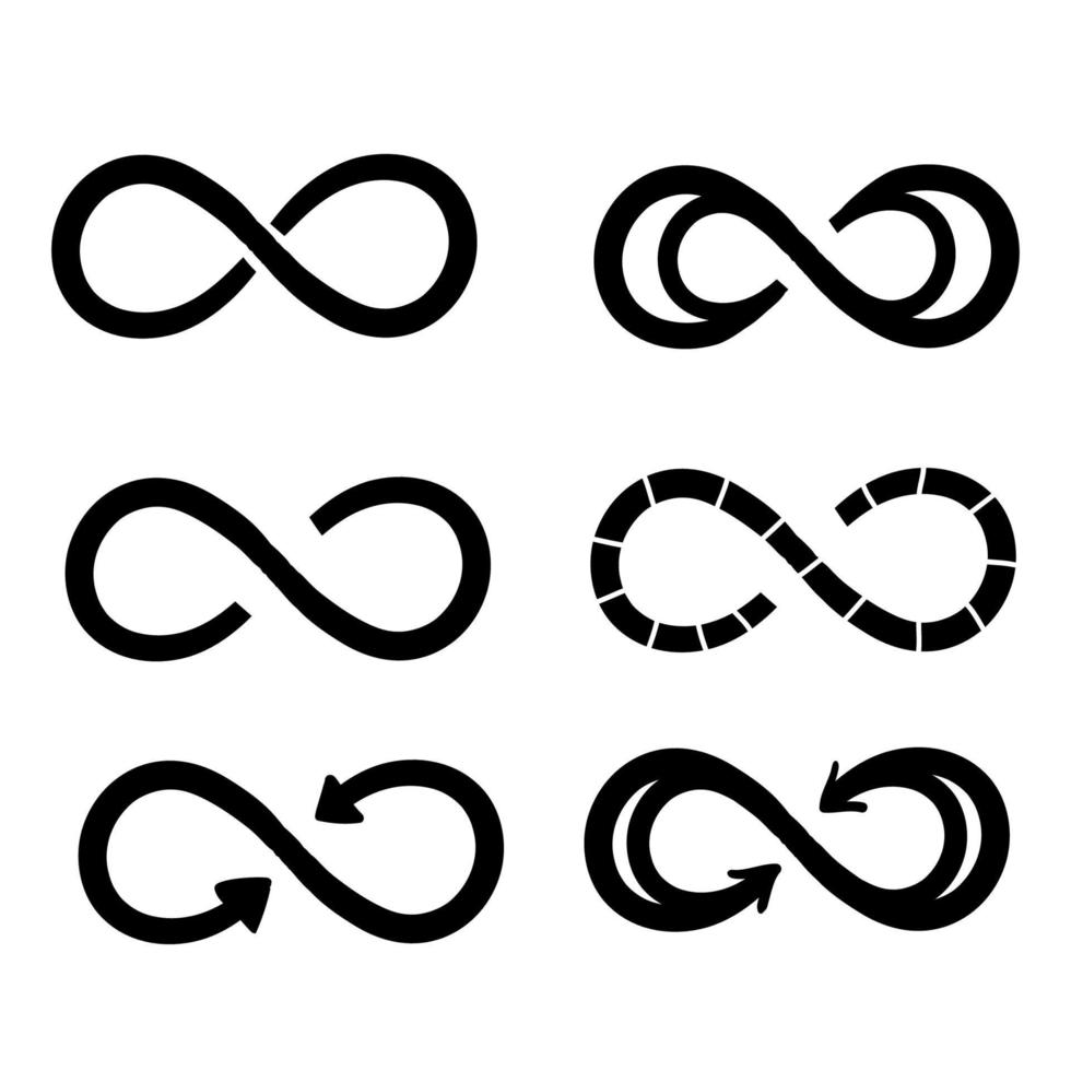 símbolos do infinito. eterno, ilimitado, infinito, logotipo de vida ou conceito de tatuagem vetor de estilo doodle desenhado à mão isolado