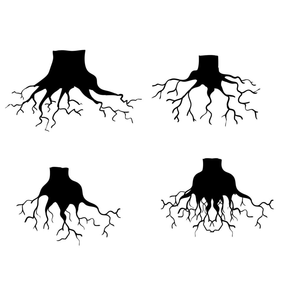 conjunto de raízes de árvores pretas. ilustração vetorial. planta e jardim. com vetor de estilo doodle desenhado à mão