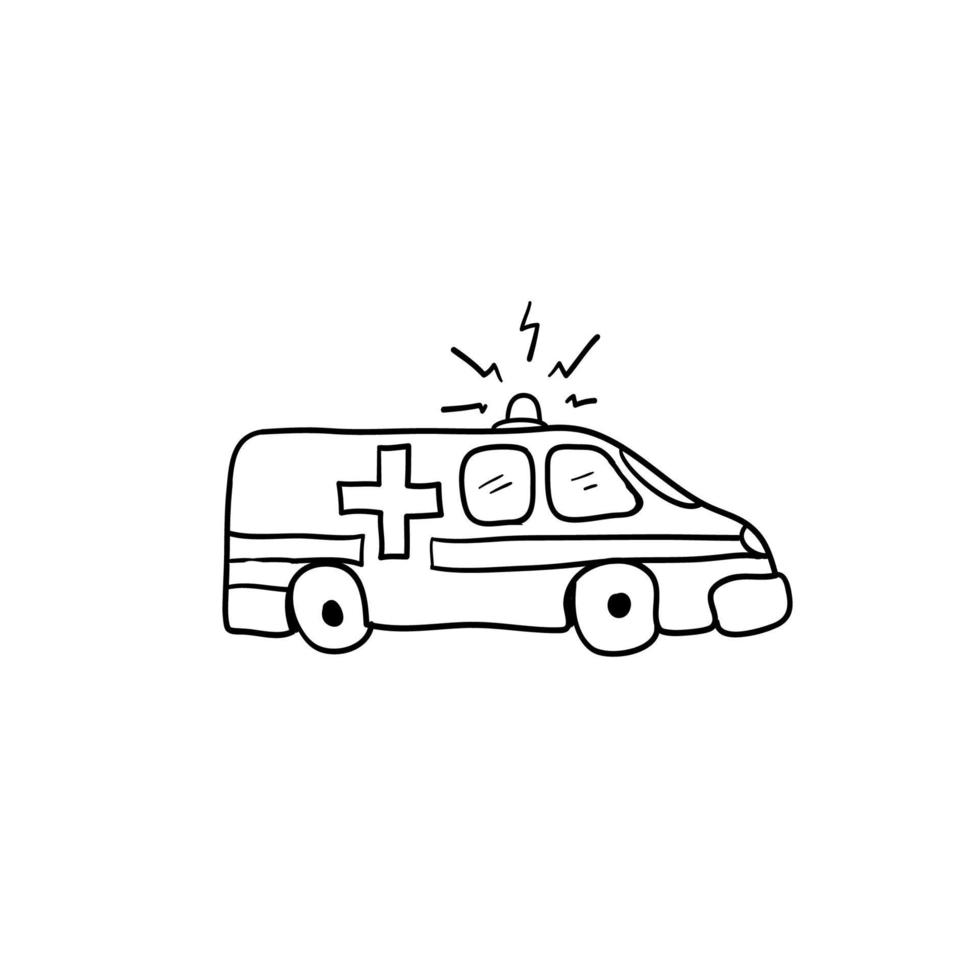 ilustração de ambulância doodle desenhada à mão com vetor de estilo cartoon isolado