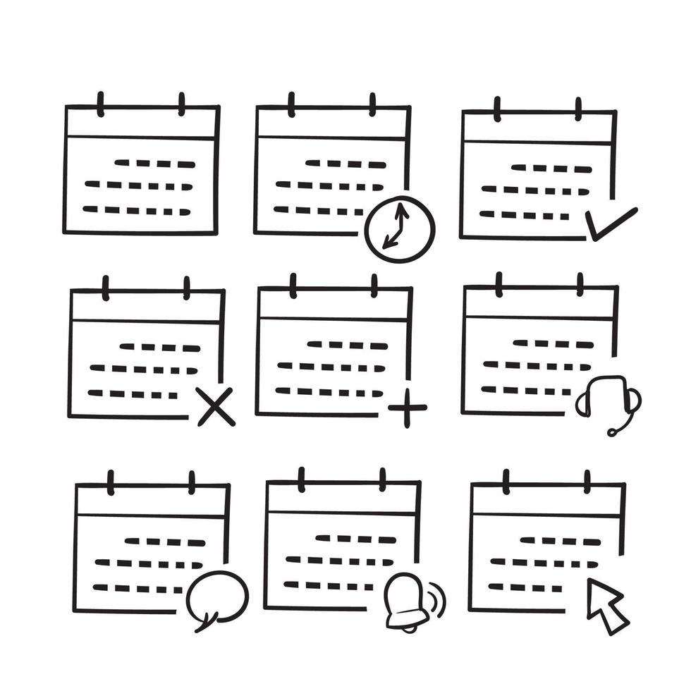 conjunto simples de doodle desenhado à mão de vetor de ilustração de ícone relacionado ao calendário