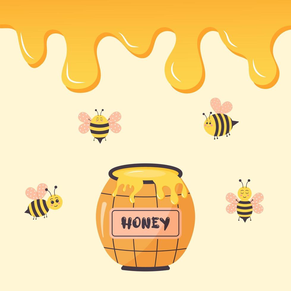 fundo de gotas de mel, pote de mel e abelhas fofas. mel design de alimentos saudáveis e orgânicos. vetor