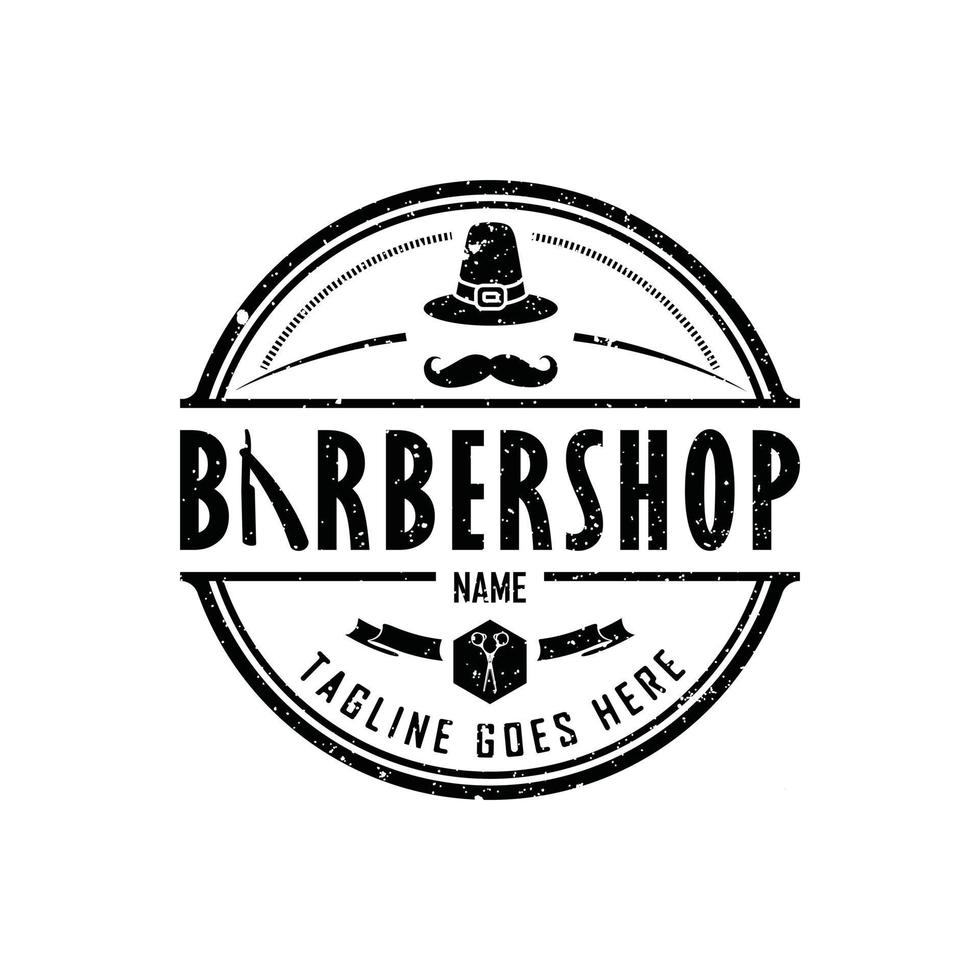 barbear com bigode masculino e chapéu-coco para design de logotipo de salão de cabeleireiro vintage retrô hipster vetor