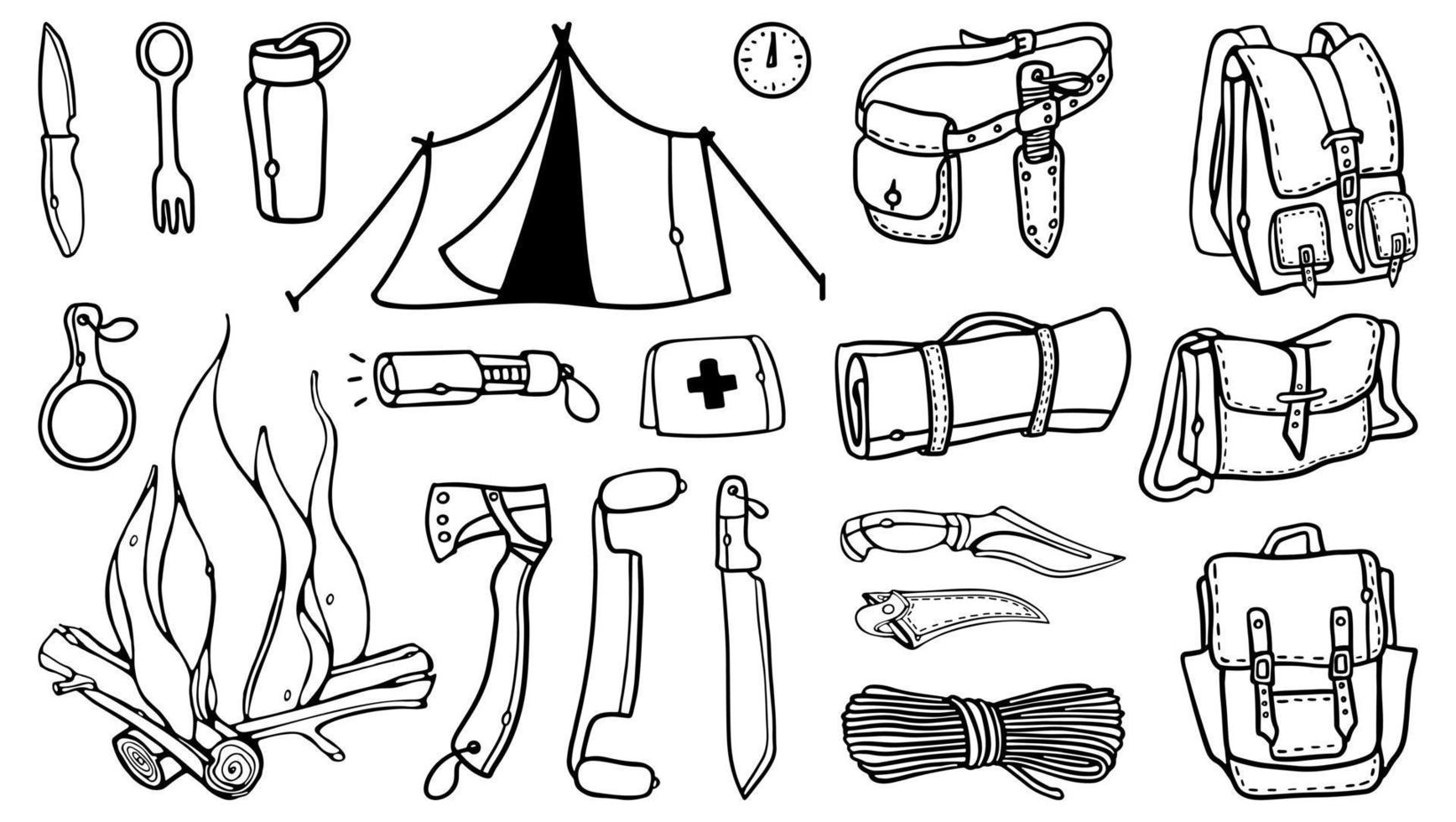 ilustração em vetor kit de engrenagem de sobrevivência. equipamento de sobrevivência de prepper de aventura ao ar livre da bushcraft. conjunto de itens de caminhada e acampamento no estilo doodle de contorno.