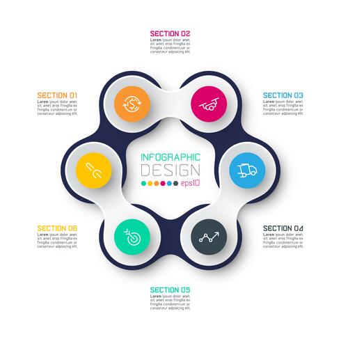 Círculo ligado com infográficos de ícone de negócios no fundo do mapa mundo. vetor