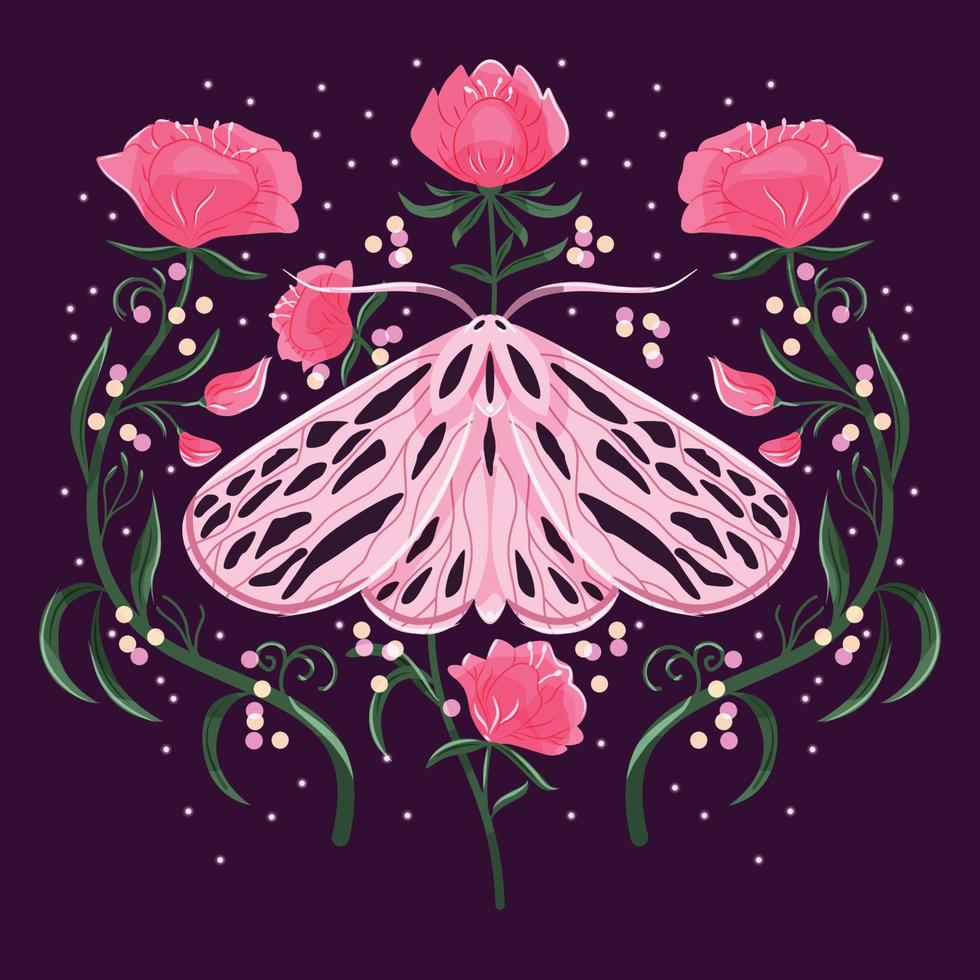 mariposa e motivos florais, design de padrão em simetria. ilustração vetorial plana colorida com mariposa, flores, elementos florais e estrelas. vetor