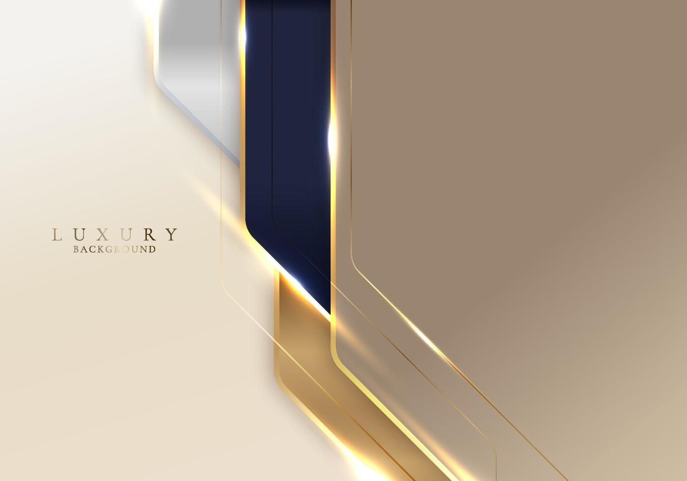 formas geométricas de listras azuis e douradas 3d abstratas com efeito de iluminação de linhas douradas brilhantes sobre fundo creme vetor
