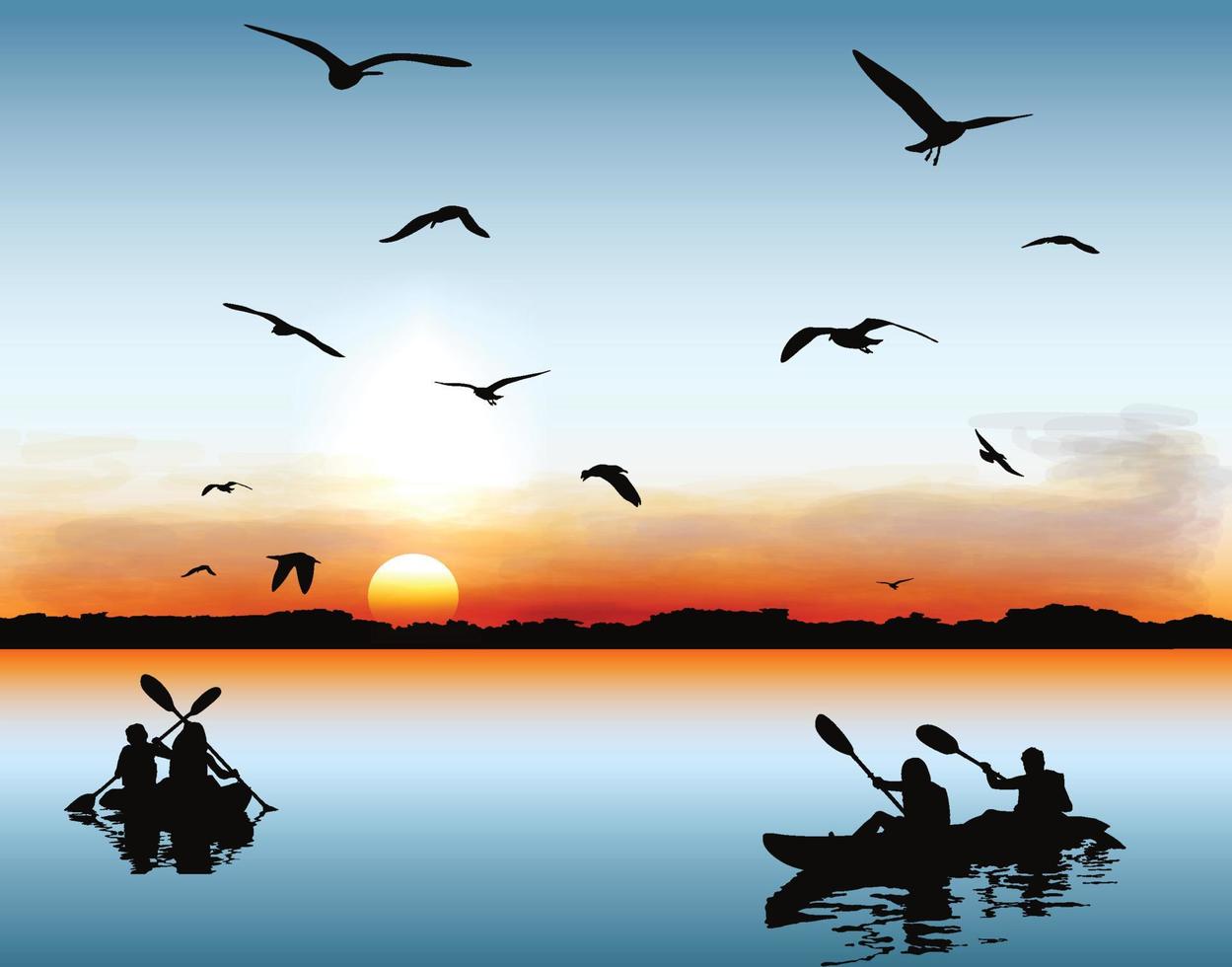 silhueta de quatro pessoas de barco a remo por do sol vetor