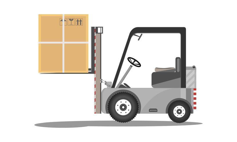 Projeto do caminhão de empilhadeira do vetor com a caixa de cartão levantada isolada na ilustração lisa do carregador do estoque do ícone do fundo branco.