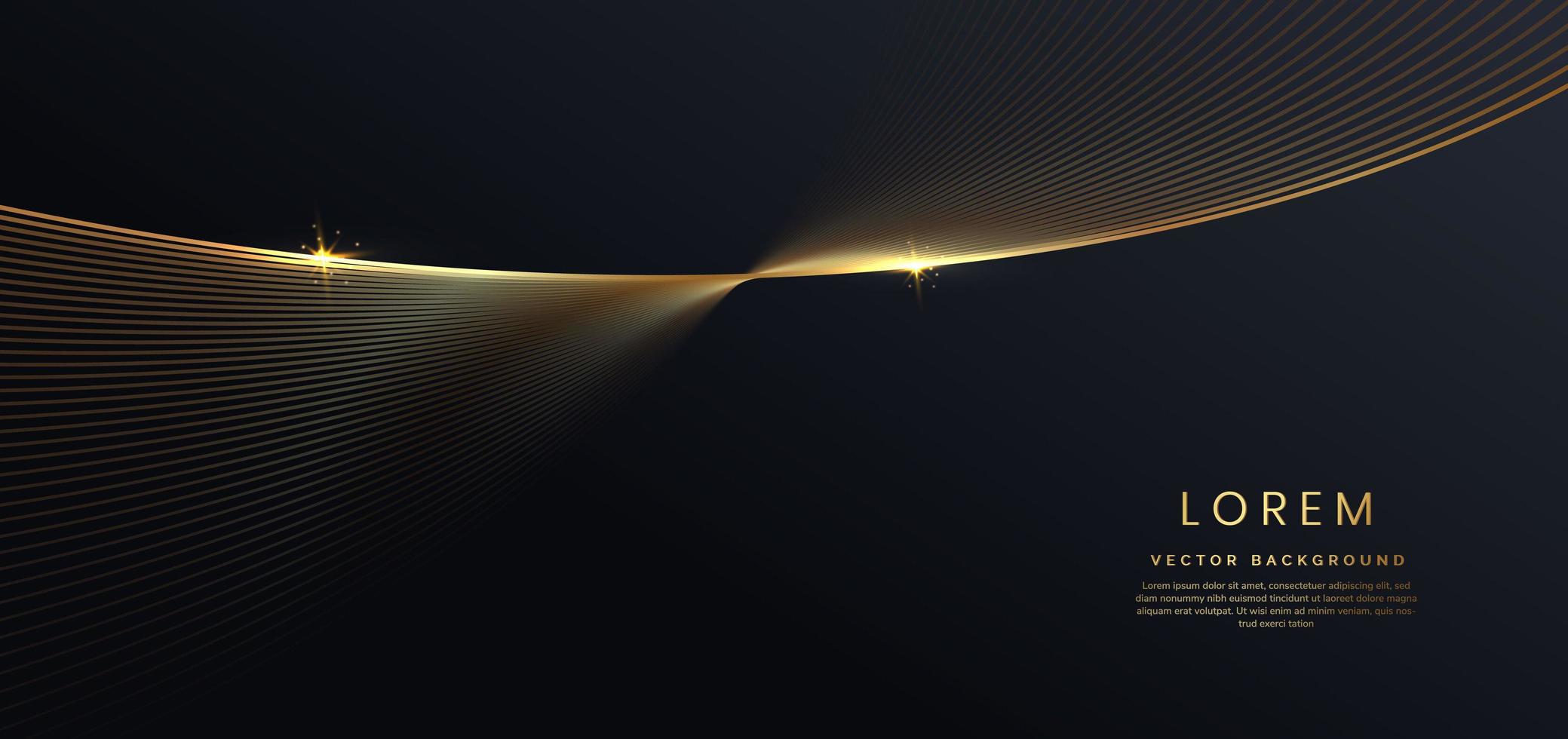 3d modelo de luxo moderno design linha de listras de onda dourada com efeito de brilho de luz em fundo preto. vetor