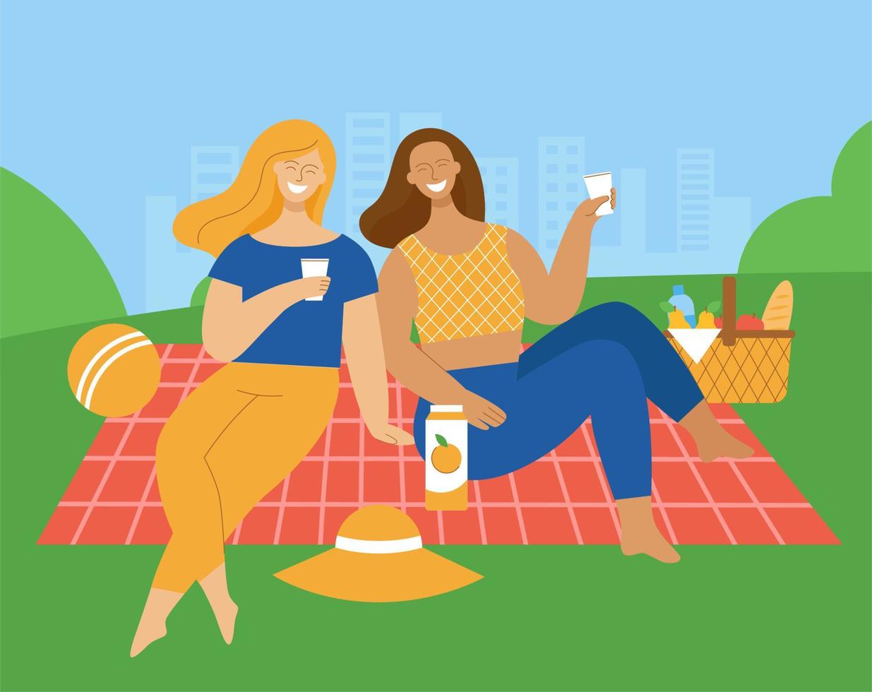 duas jovens estão sentadas em uma manta em um parque. amigos estão rindo e conversando. conceito de um piquenique, relaxando no fim de semana. cesta com comida, chapéu e bola. ilustração vetorial de cor lisa. vetor
