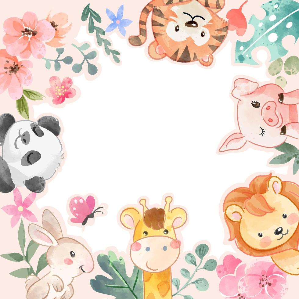 animais fofos e quadro de flores coloridas com ilustração de espaço em branco vetor