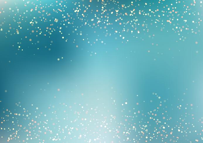O brilho dourado de queda abstrato ilumina a textura no fundo azul de turquesa com iluminação. Pó de ouro mágico e brilho. Fundo festivo de Natal. vetor
