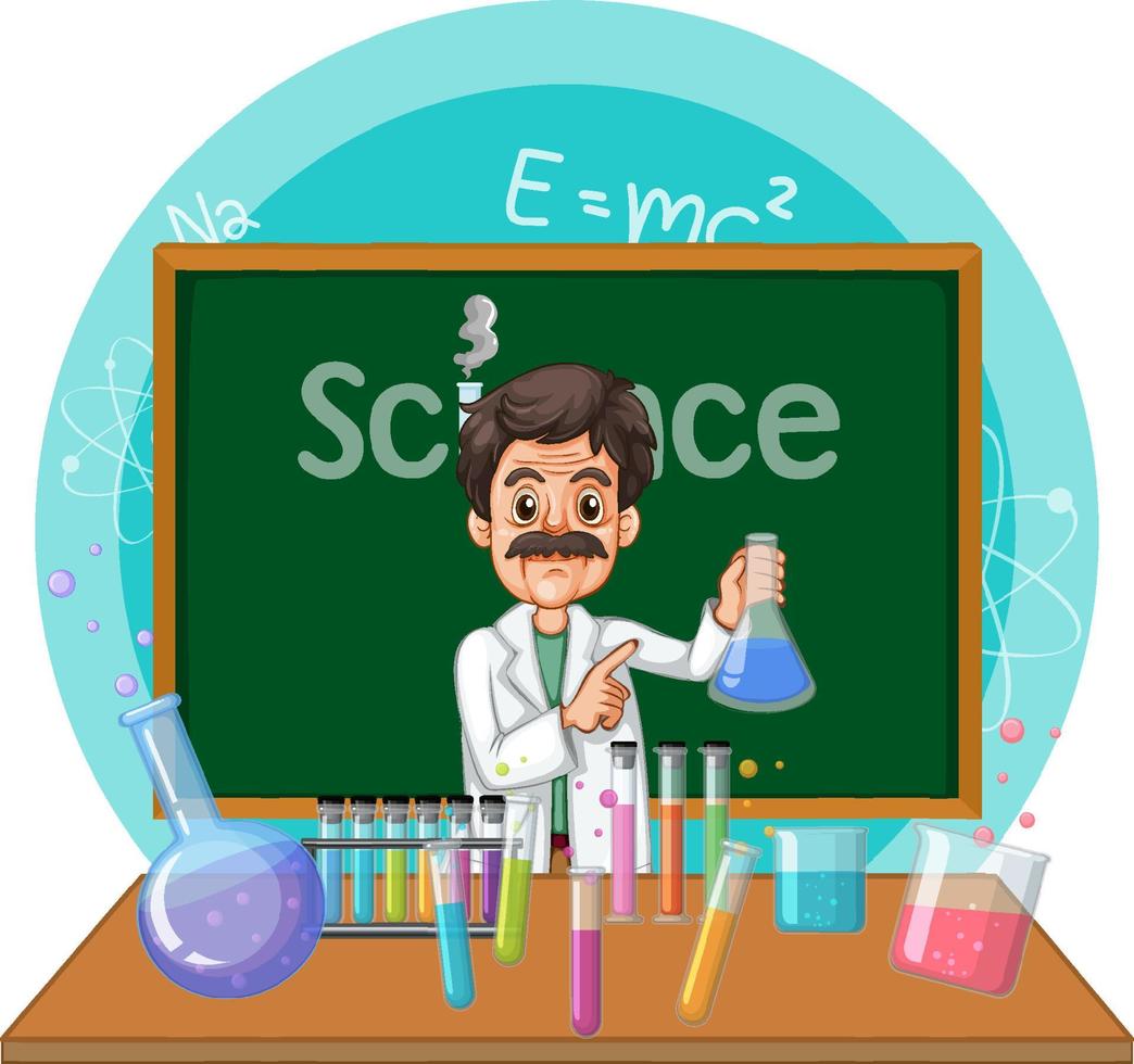 personagem de desenho animado homem cientista com equipamentos de laboratório vetor