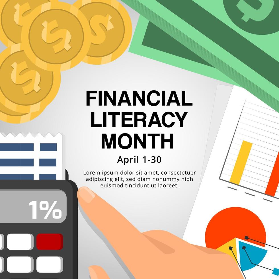 abril é o design de plano de fundo do mês de alfabetização financeira com uma mesa de contabilidade ocupada vetor