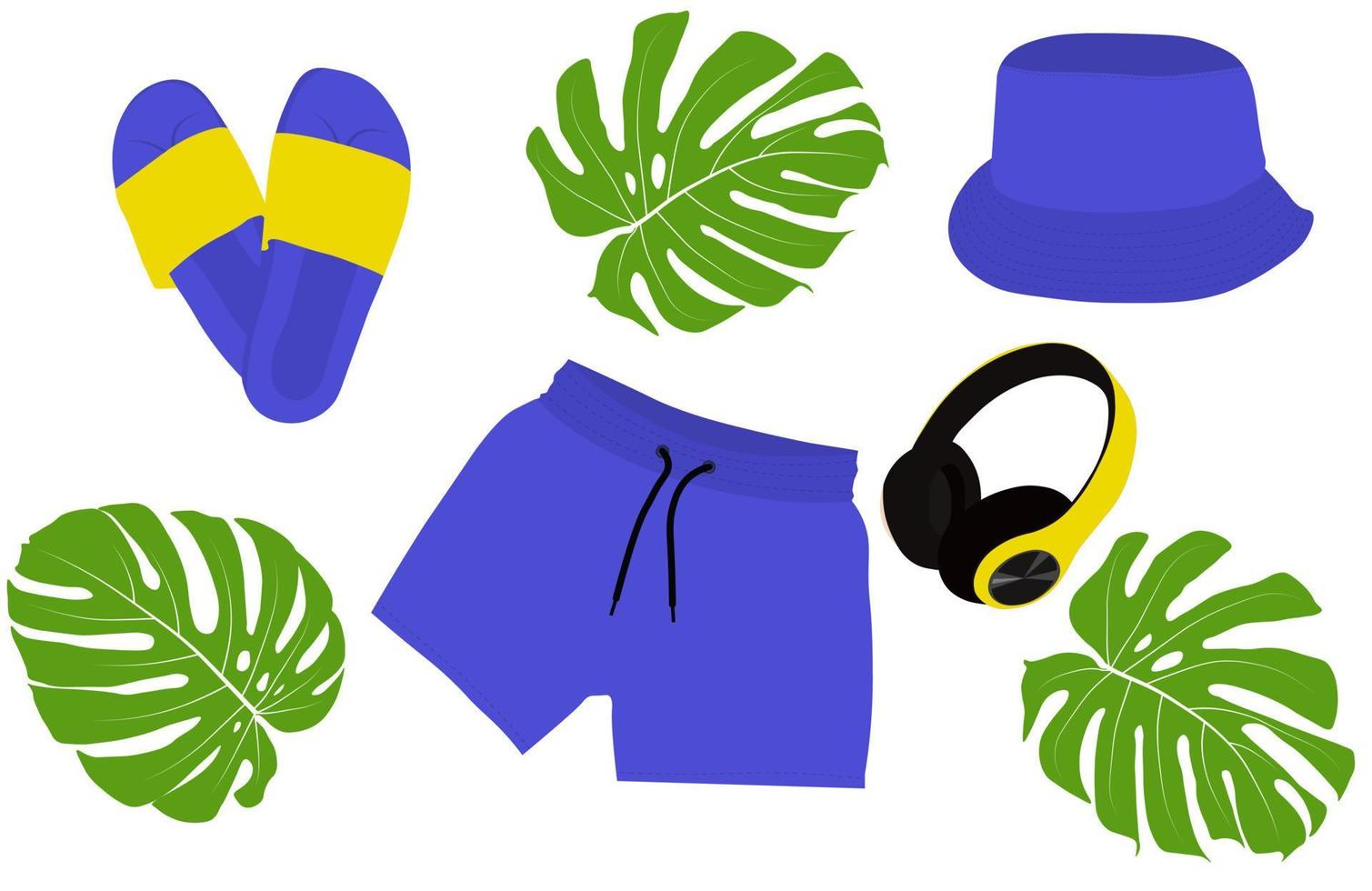 ilustração de estoque vetorial de roupas de praia de verão masculina. shorts azuis, fones de ouvido amarelos, ardósias e um chapéu panamá do sol. ilustração de verão de roupas de piscina e natação. isolado em um fundo branco vetor