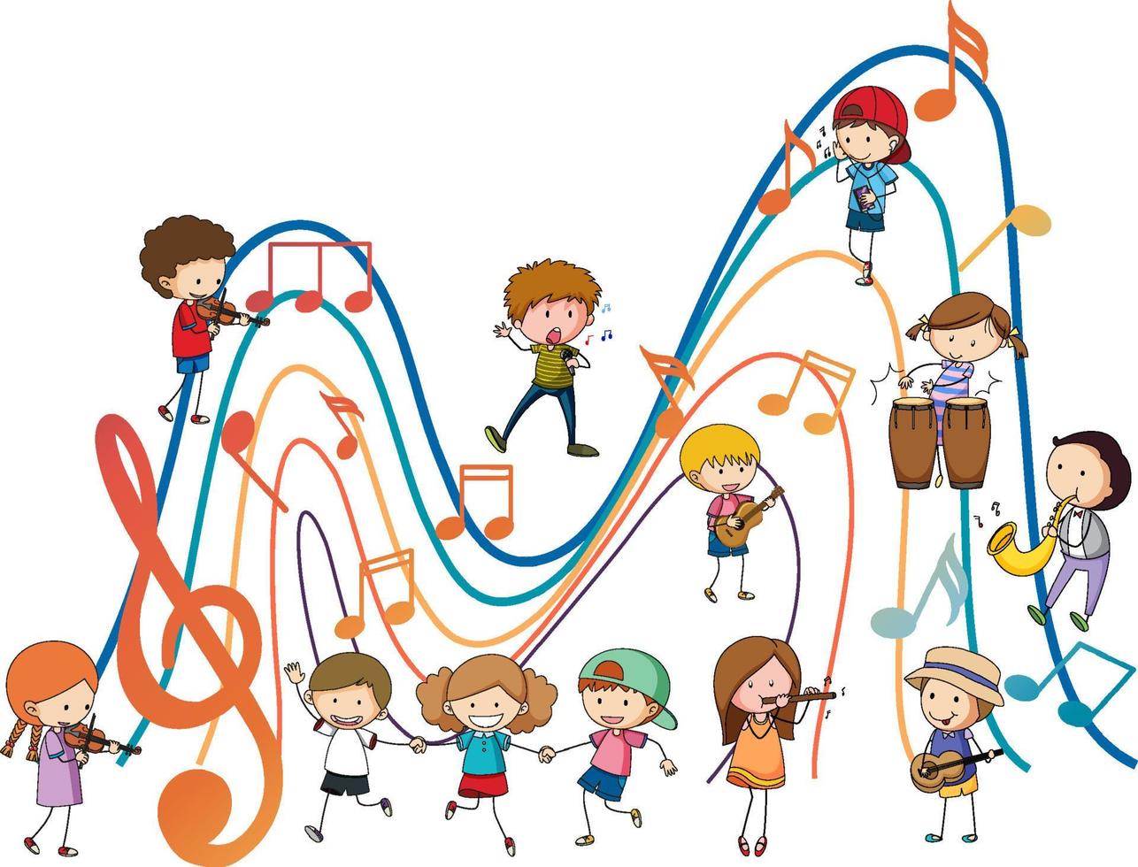 crianças felizes tocando instrumentos musicais com notas musicais em fundo branco vetor