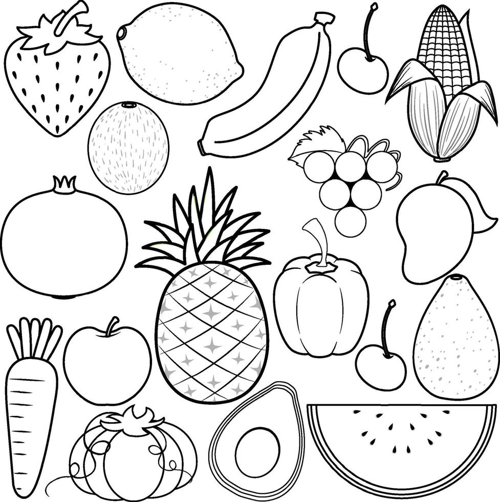 contorno de doodle de frutas e legumes vetor