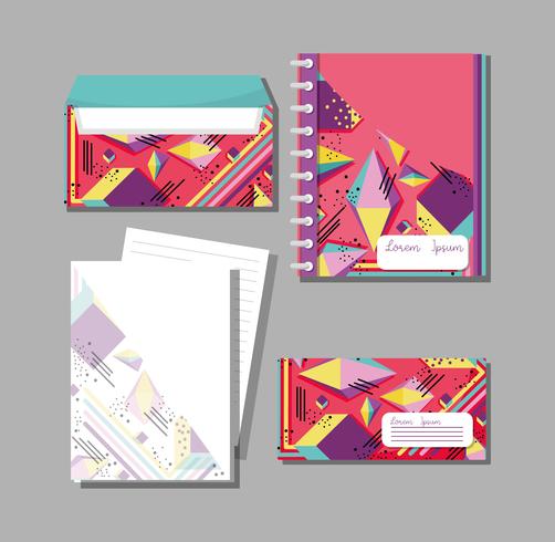 Cadernos Memphis e envelopes mock up vetor