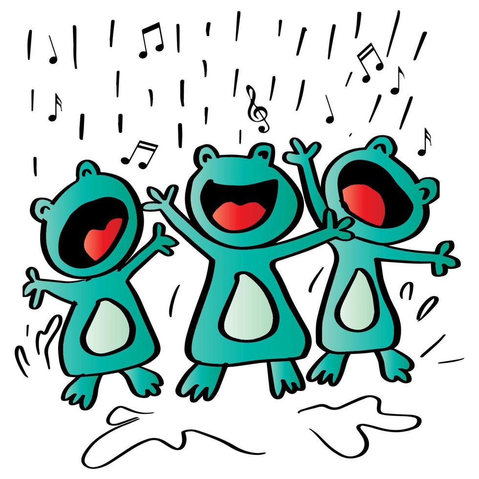 três sapos cantando na chuva vetor