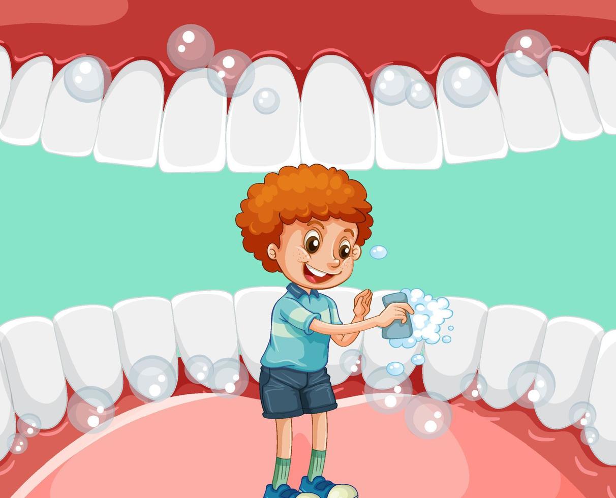 um garotinho limpando os dentes dentro da boca humana vetor