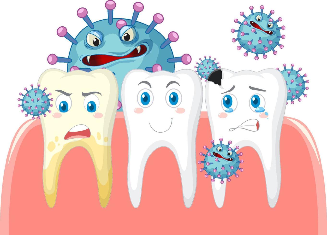 condição dental e diferente dos dentes com bactérias no fundo branco vetor