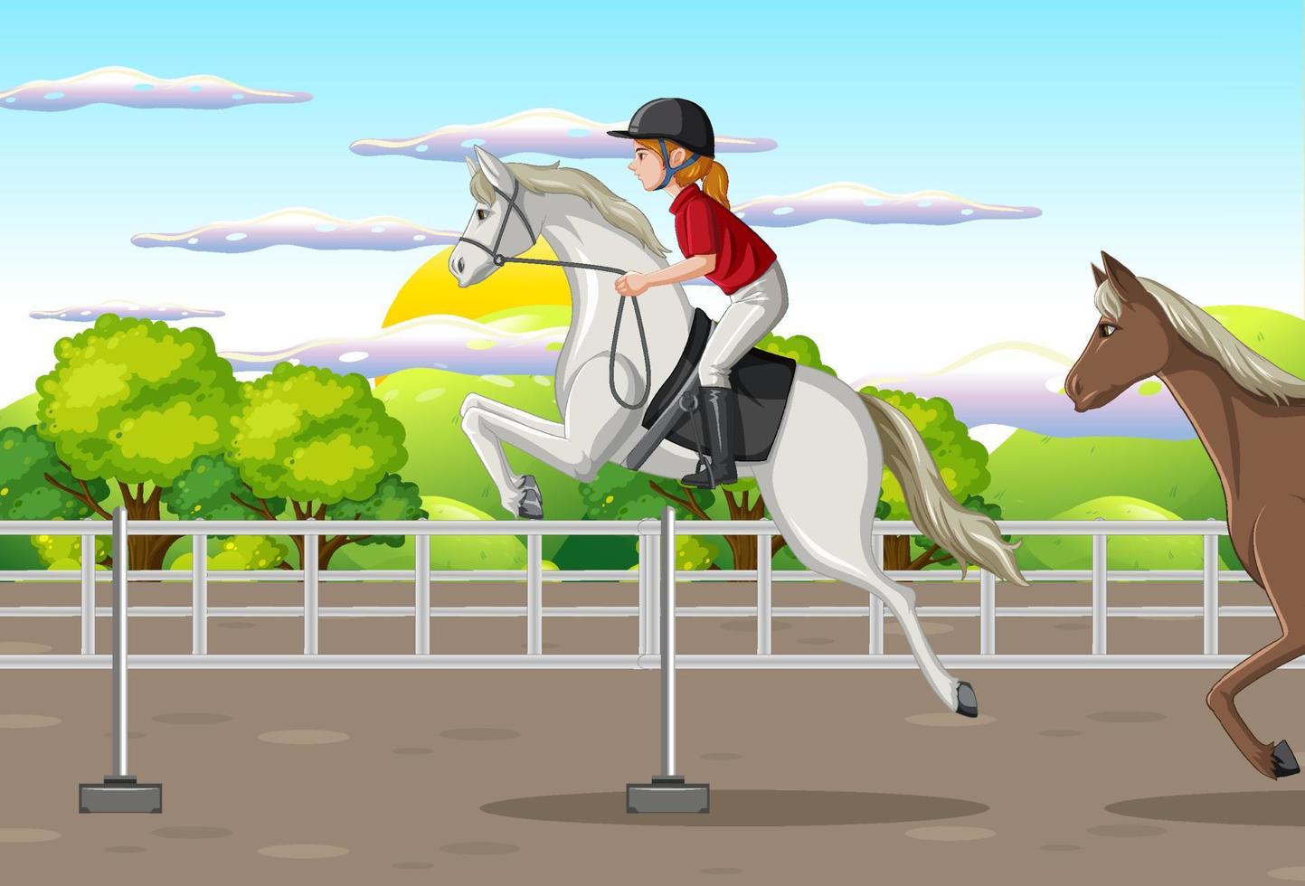 uma garota andando a cavalo na cena do hipódromo vetor