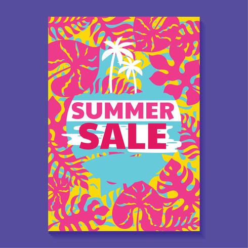 Ilustração de venda de verão com praia e fundo de folhas tropicais vetor
