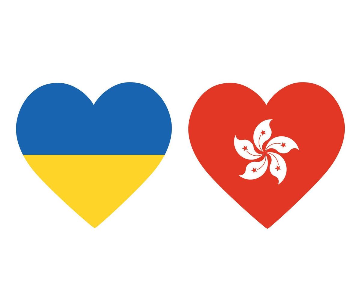 bandeiras da ucrânia e hong kong europa nacional e ásia emblema ícones do coração ilustração vetorial elemento de design abstrato vetor