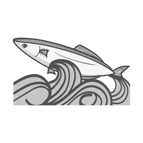 animal de peixe em tons de cinza no mar com design de ondas vetor