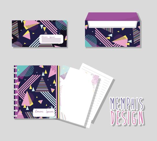 Cadernos Memphis e envelopes mock up vetor