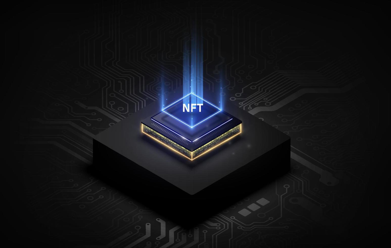 texto token nft no chip cpu com fundo de placa de circuito digital. conceito de nft torna-se mais popular e bem conhecido. produto da tecnologia de moeda criptográfica vetor