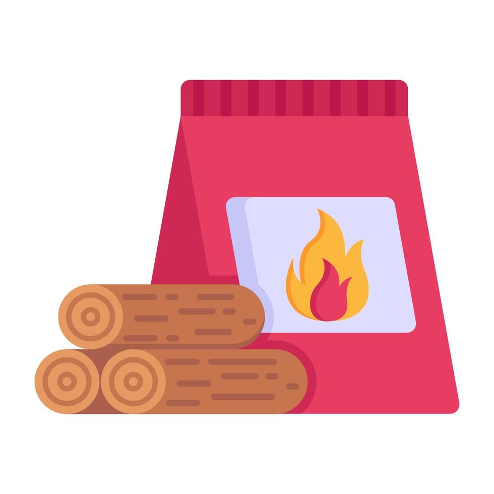 toras de madeira e saco de carvão, ícone plano de acionador de fogo vetor