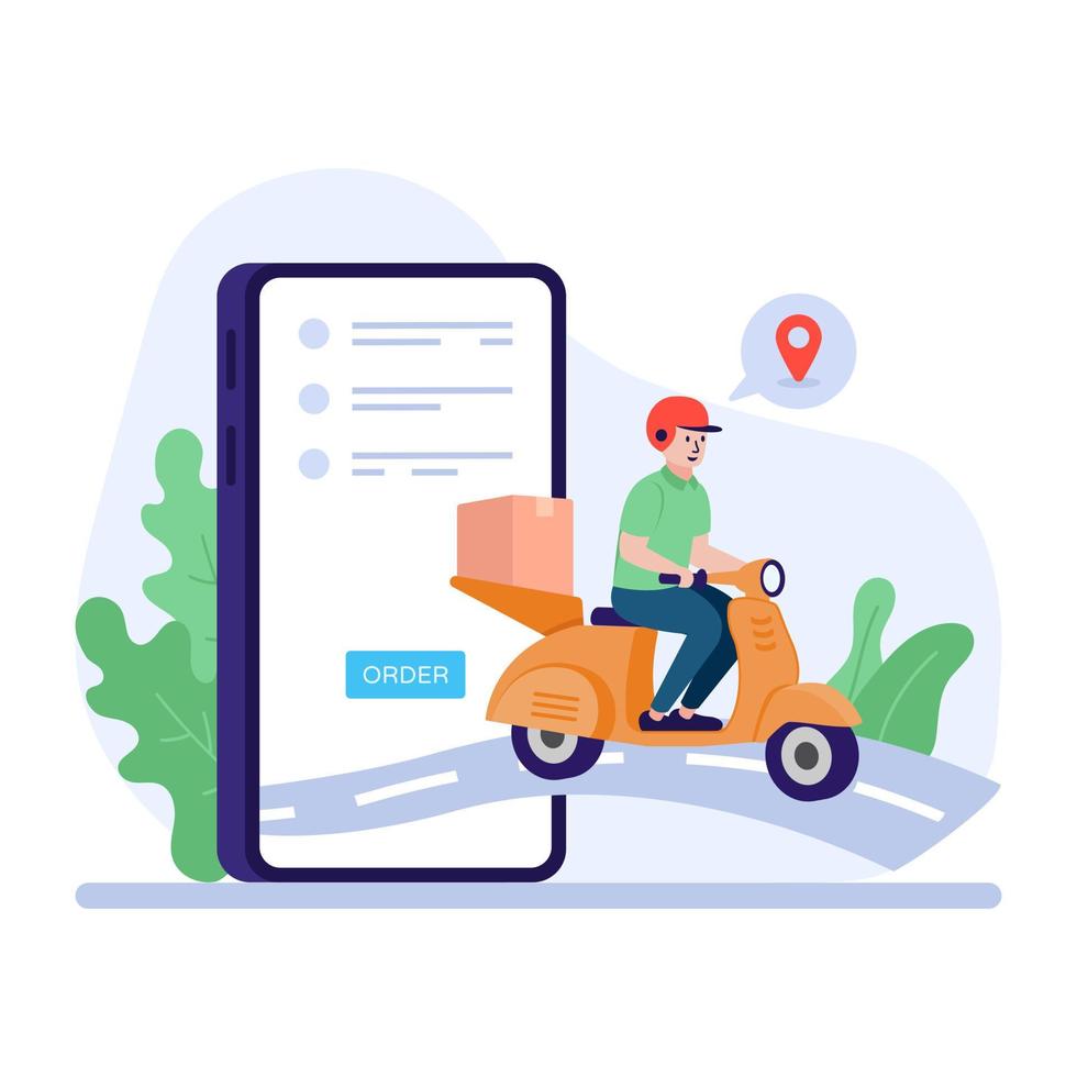 um pedido de envio on-line via scooter, ilustração plana vetor