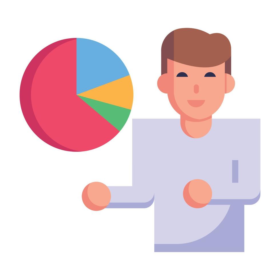 pessoa segurando o gráfico de pizza, ícone plano do empresário vetor