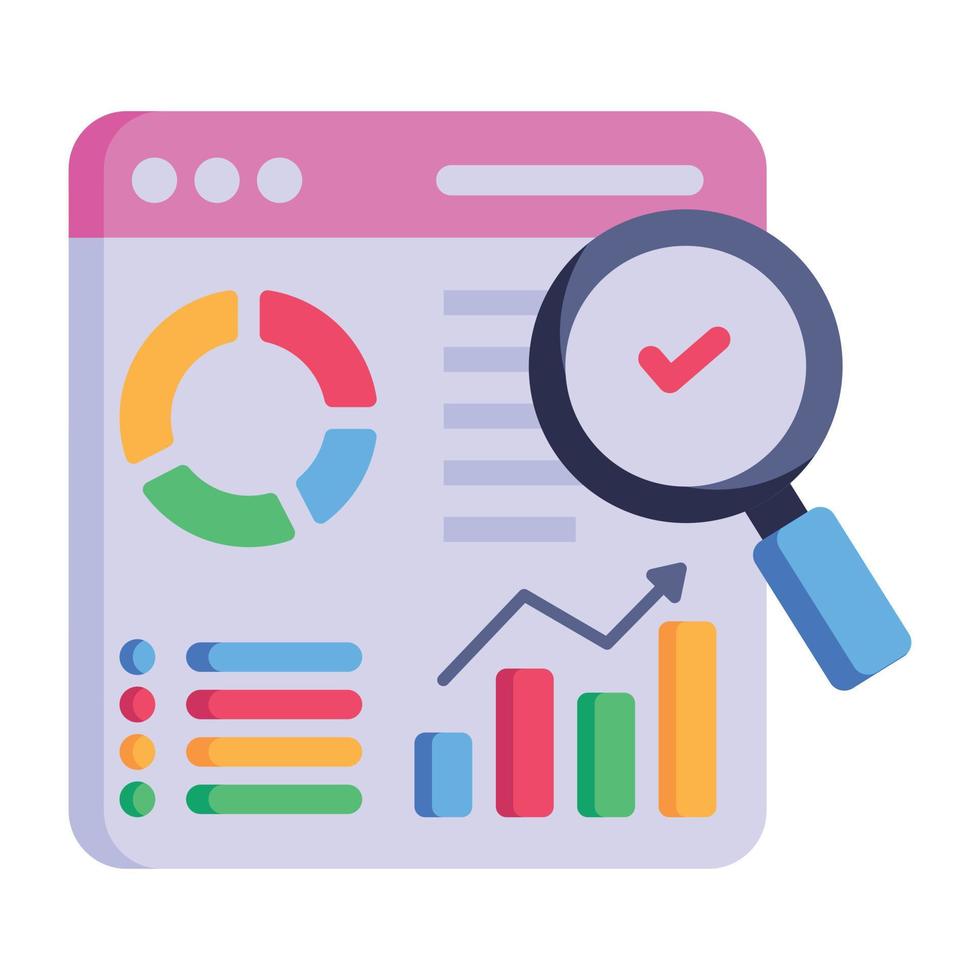 gráfico de negócios, site e lupa, ícone plano de análise do site vetor