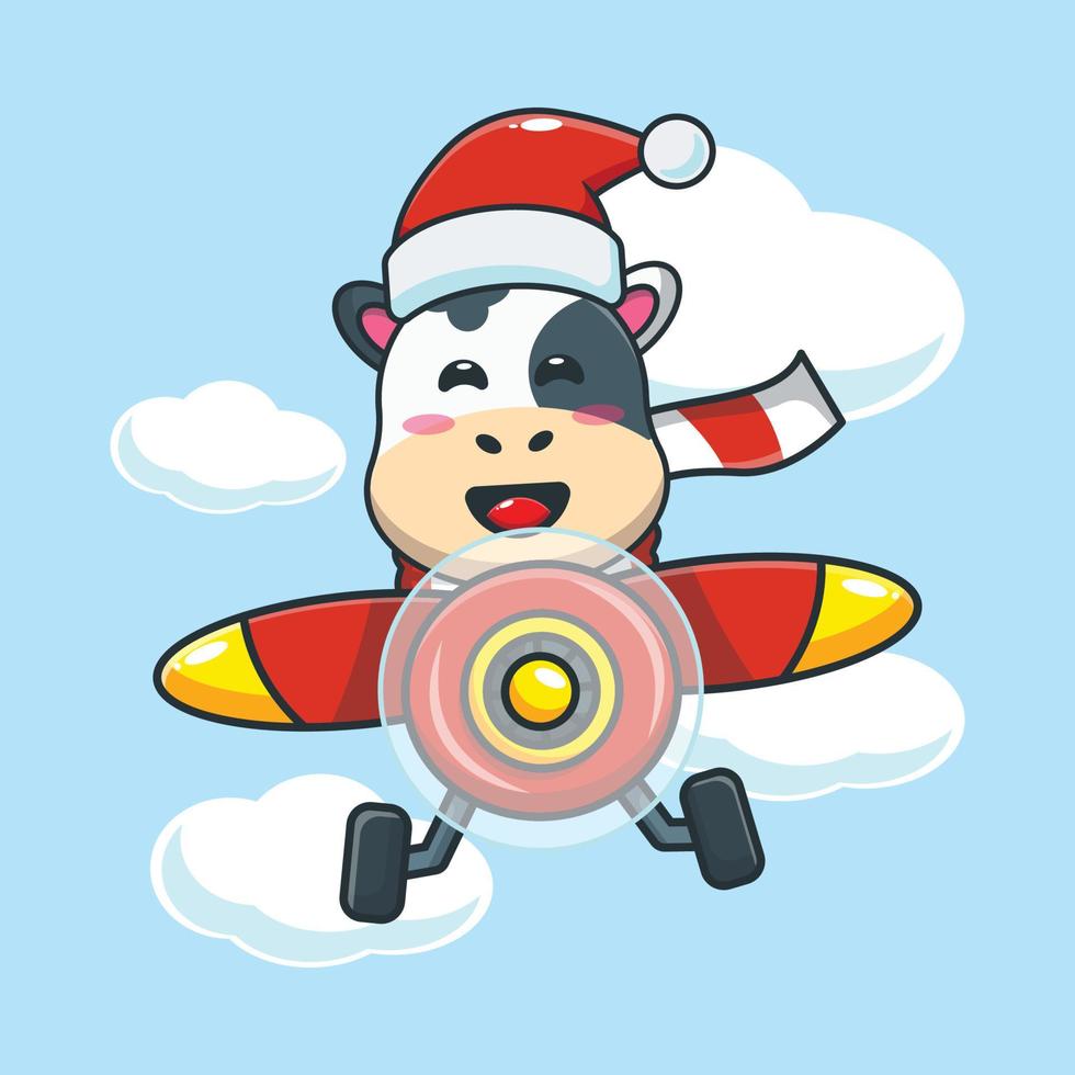vaca bonita usando chapéu de Papai Noel voar com avião. ilustração de desenho animado de natal bonito. vetor