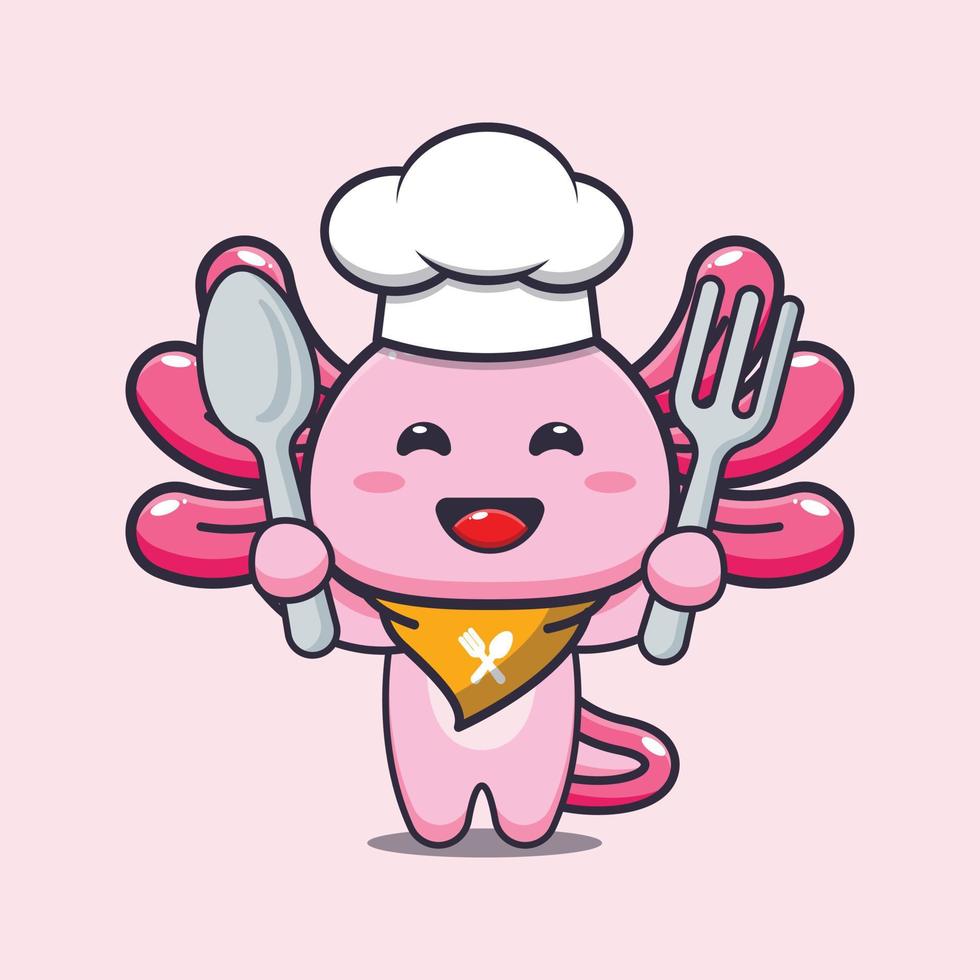 personagem de desenho animado de mascote de chef axolotl fofo segurando a colher e o garfo vetor