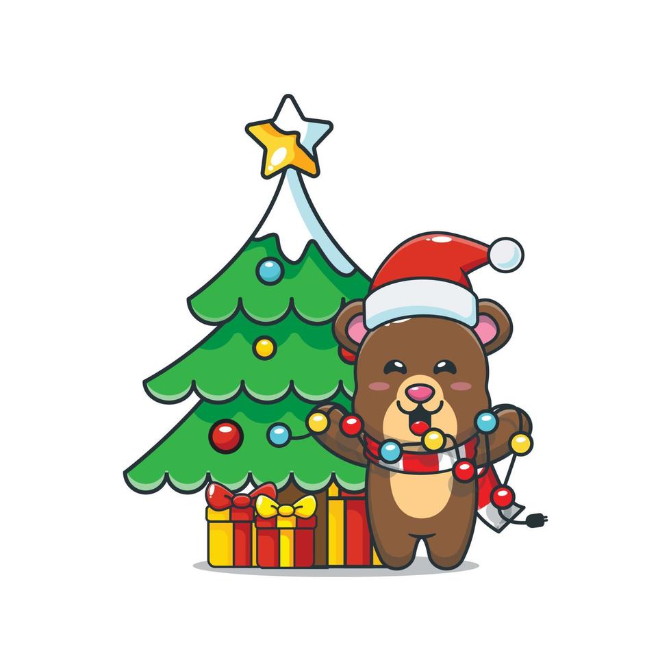 urso fofo com lâmpada de natal. ilustração de desenho animado de natal bonito. vetor