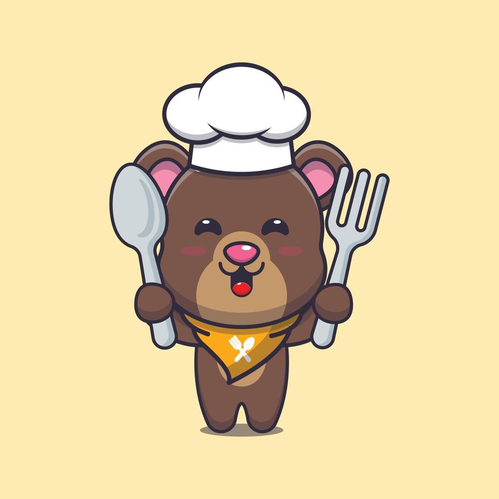 personagem de desenho animado de mascote de chef de urso fofo segurando a colher e o garfo vetor