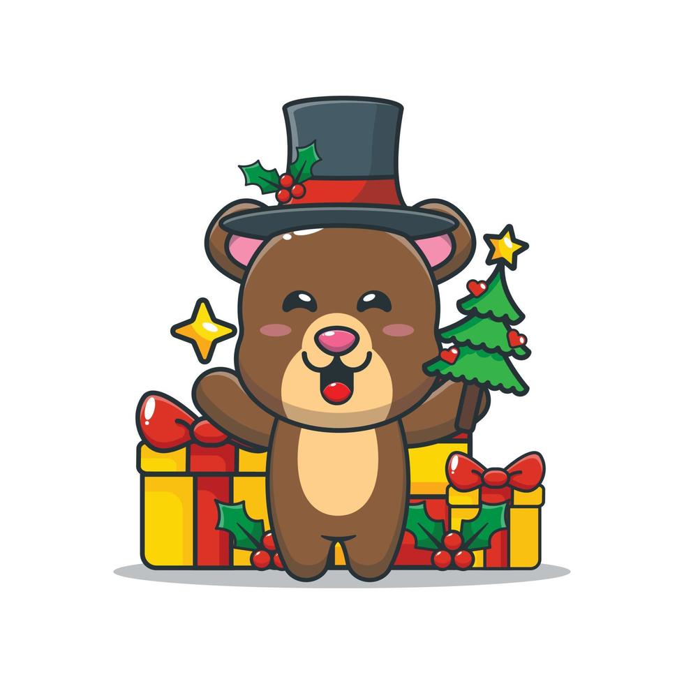 urso fofo segurando a estrela e a árvore de natal. ilustração de desenho animado de natal bonito. vetor