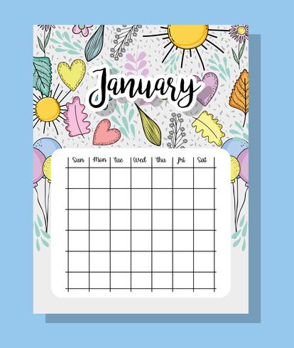 informações de calendário de janeiro com flores e folhas vetor