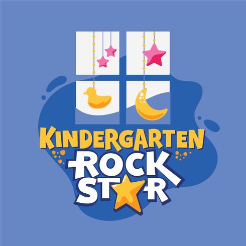 Jardim de infância Rock Star frase, janela com fundo de pato e estrelas, volta para ilustração de escola vetor