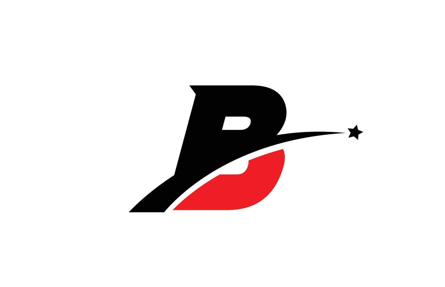 b design de ícone do logotipo da letra do alfabeto preto vermelho com swoosh e estrela. modelo criativo para negócios e empresa vetor