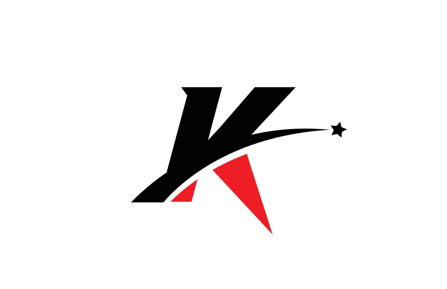 k design de ícone do logotipo da letra do alfabeto preto vermelho com swoosh e estrela. modelo criativo para negócios e empresa vetor
